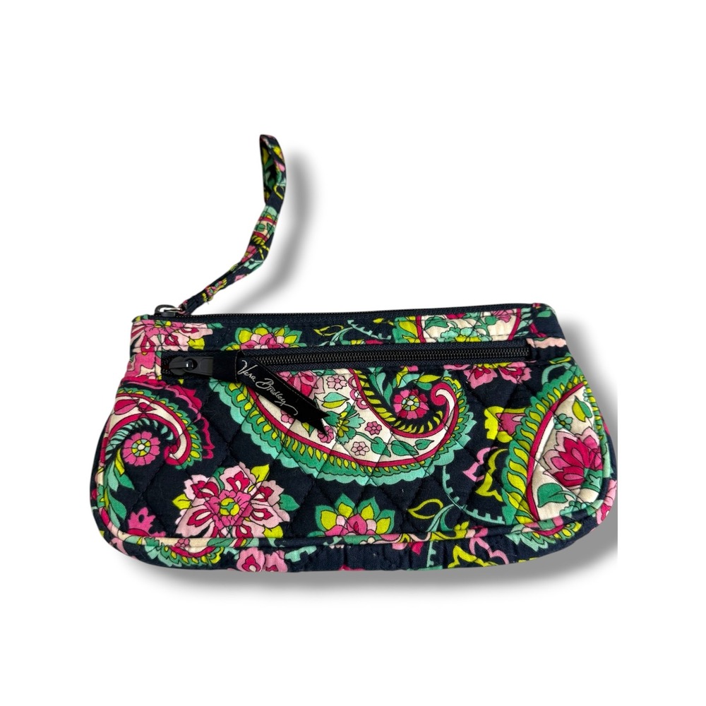 Vera Bradley Petal Paisley Quilted Cotton Wristlet Wallet Navy Pink Floral‎ Zip